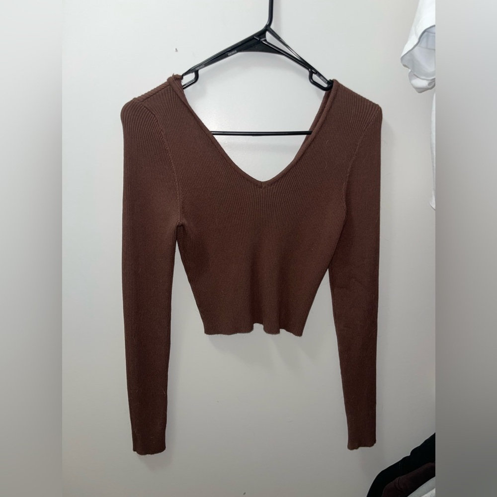 Brown V-Neck Ribbed Women's Top
